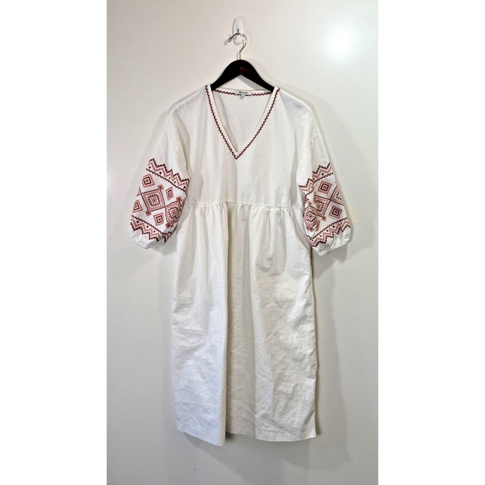 Madewell Womens Linen Embroidered Midi Dress S Cottagecore Boho Resort Coastal